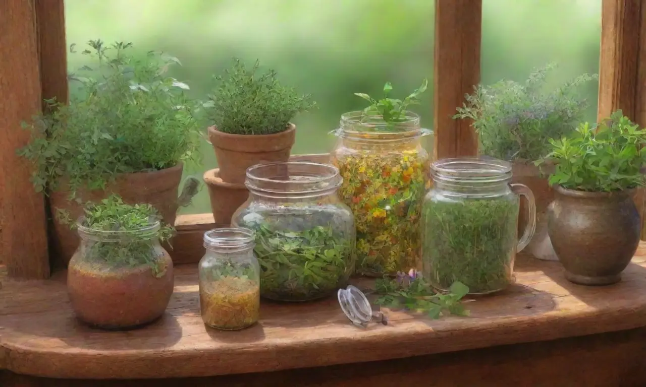 Un jardín sereno lleno de hojas verdes, flores vibrantes y aromas curativos