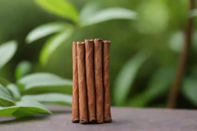 Pegatinas de canela y aceite esencial situado junto a una planta al aire libre