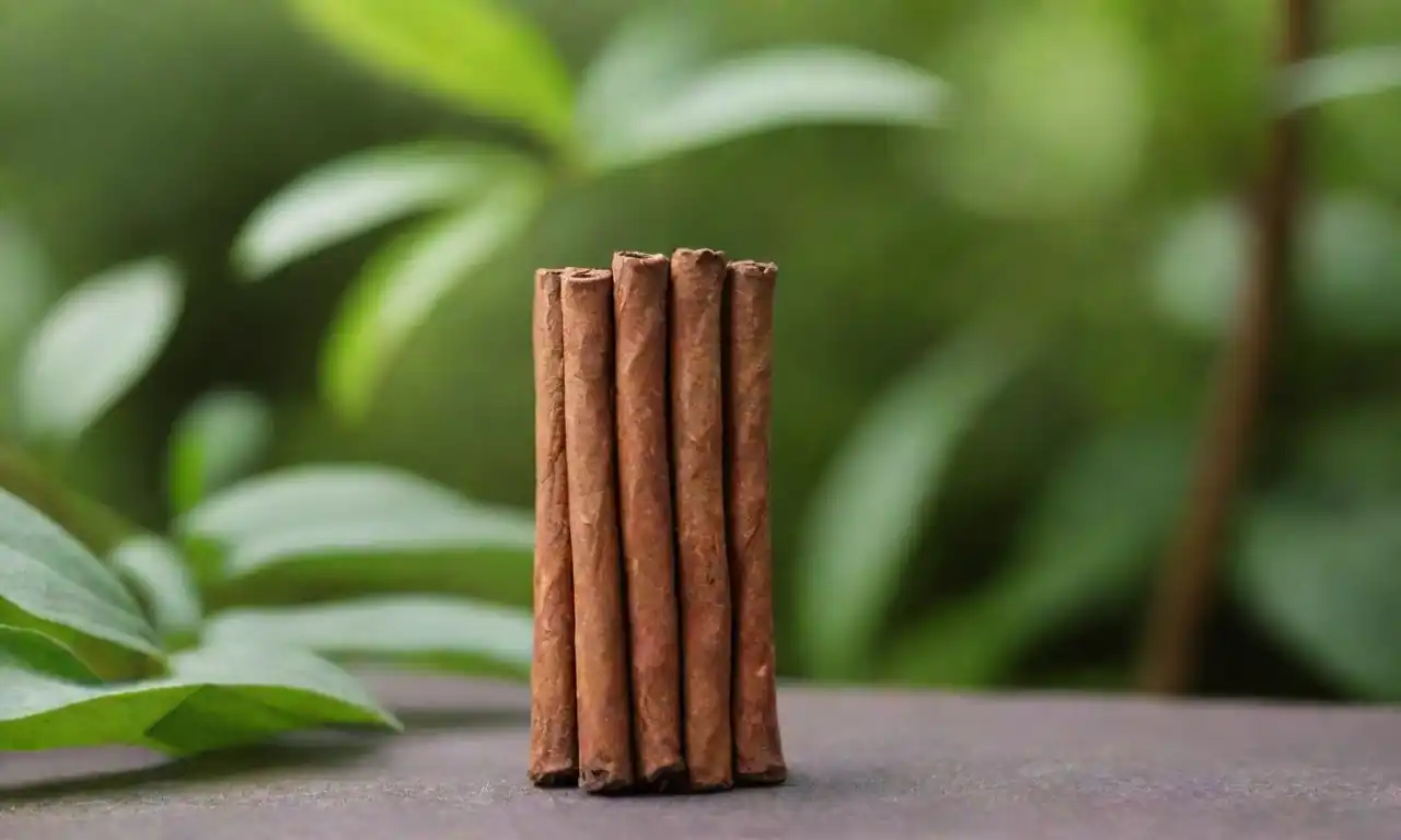 Pegatinas de canela y aceite esencial situado junto a una planta al aire libre