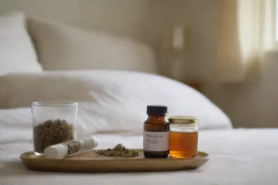 Una botella de suplementos valerianos junto a un té herbal calmante y un ambiente tranquilo dormitorio.