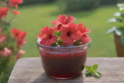 Flores de hibisco rojas y frescas en una cocina soleada