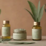 Un producto de belleza con hojas de salvia y artículos herbarios de cuidado de la piel.