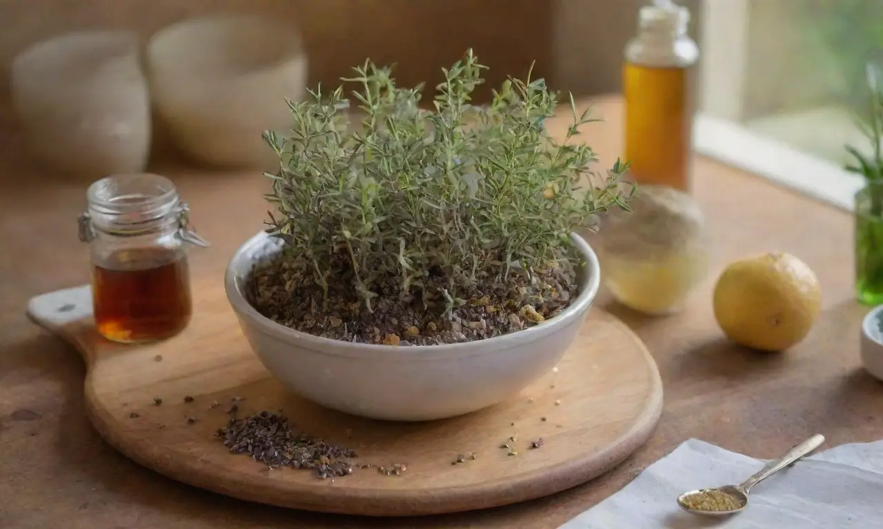 Un ambiente de cocina acogedor y natural con hierbas, aceites esenciales y luz suave