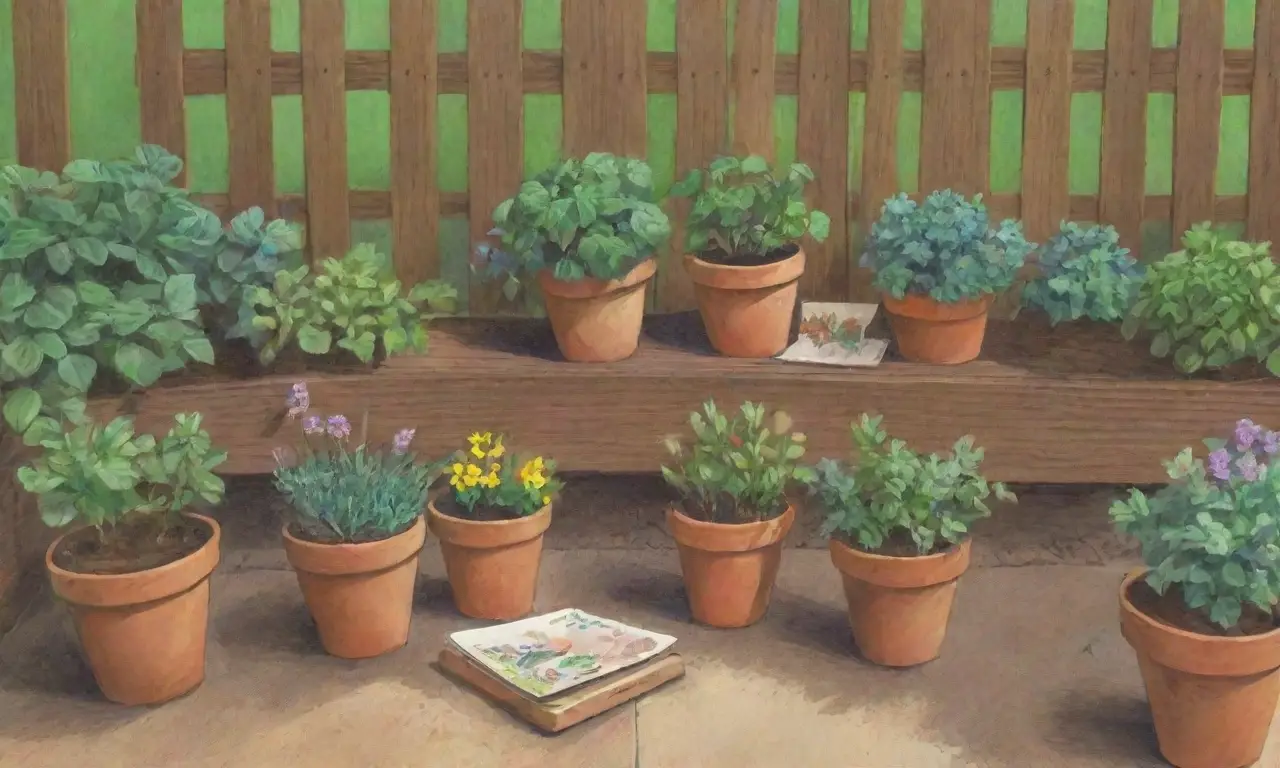 Un jardín sereno lleno de vida, colores vibrantes y herramientas de cultivo