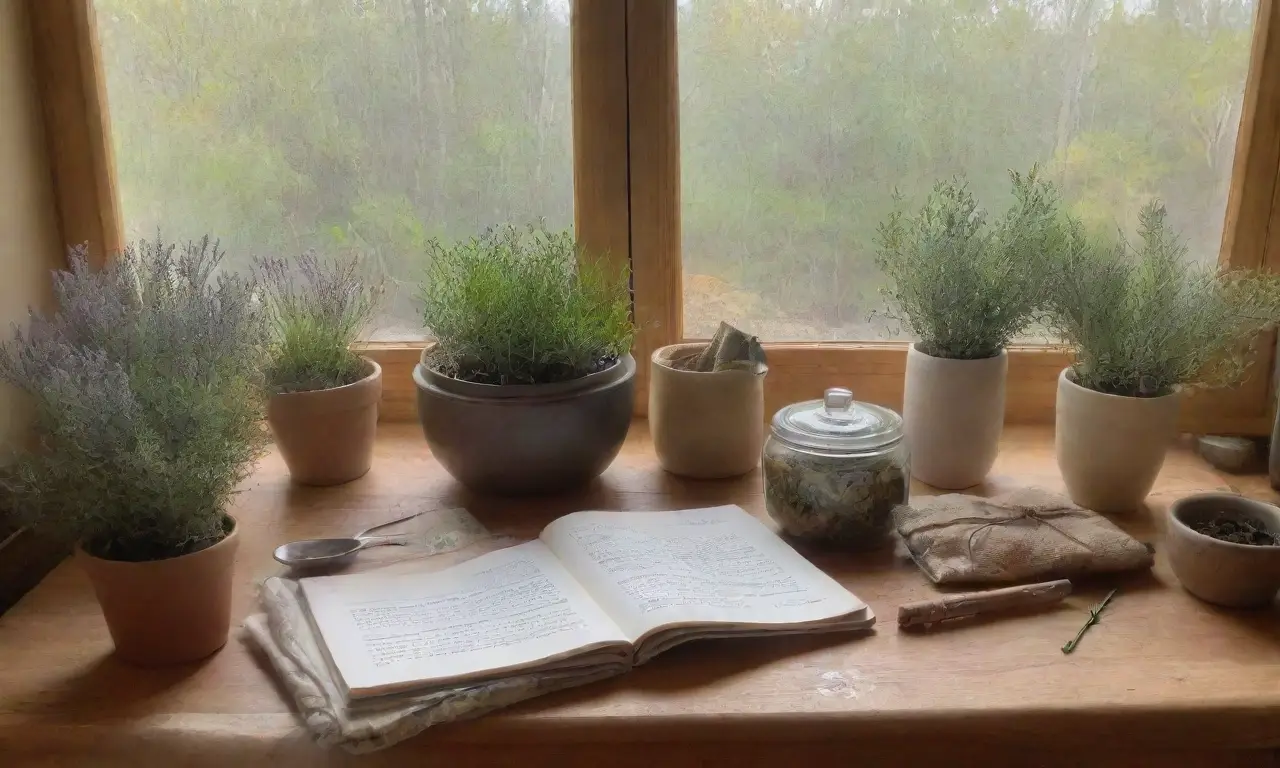 Una cocina serena y acogedora con hierbas frescas, vapor, luz del sol y un ambiente tranquilo