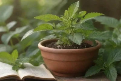 Una variedad de plantas de nettle con textos herbarios y remedios tradicionales en el fondo.
