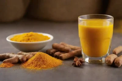 Una raíz cúrcuma vibrante junto con un vaso de té cúrcuma amarillo brillante y varias especias.