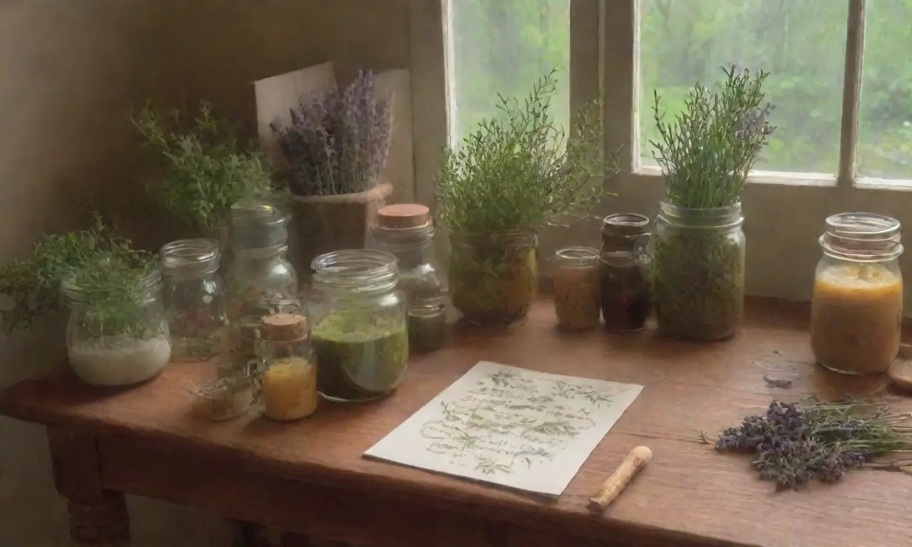 Un rincón acogedor de un bosque con hierbas, ungüentos coloridos y una taza de té herbal
