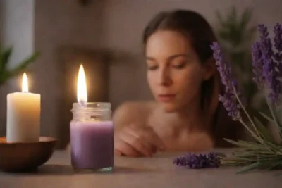 Botella botánica de aceite de lavanda junto a una persona tranquila inhalando su olor