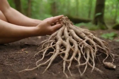 Las raíces Ginseng exhibidas junto a una persona serena practicando técnicas de relajación en la naturaleza.