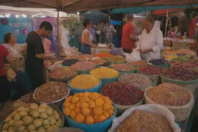 Vendedores locales mostrando productos de Pimpinela en un mercado vibrante.