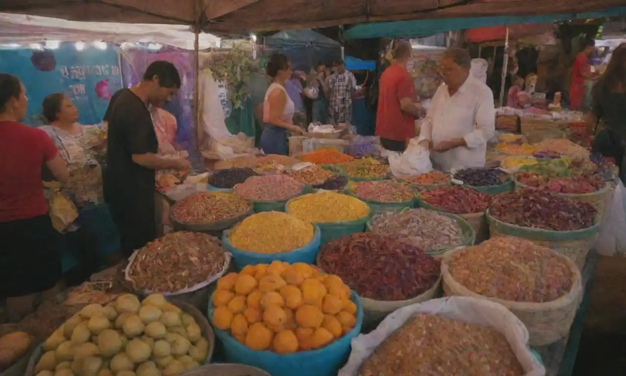 Vendedores locales mostrando productos de Pimpinela en un mercado vibrante.