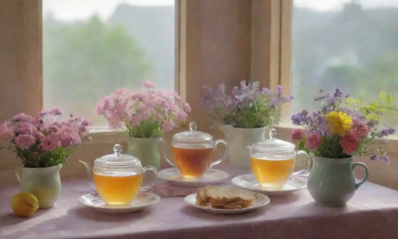 Un rincón acogedor con flores, té y luz suave que invita a la tranquilidad