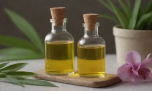 Frascos de aceite de Hierba de San Juan junto a productos cosméticos naturales y flores de la planta.