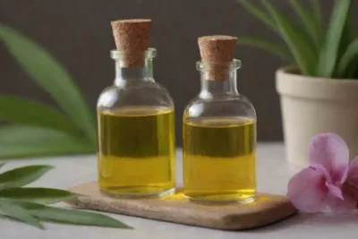 Frascos de aceite de Hierba de San Juan junto a productos cosméticos naturales y flores de la planta.