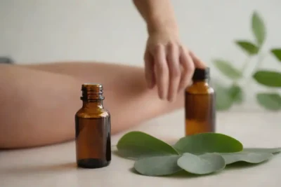 Hojas de eucalipto y botella de aceite esencial junto a una persona frotando sus músculos doloridos.