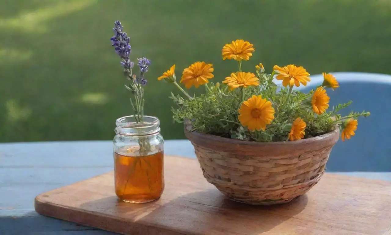 Un jardín sereno con caléndulas, hierbas frescas y un ambiente acogedor