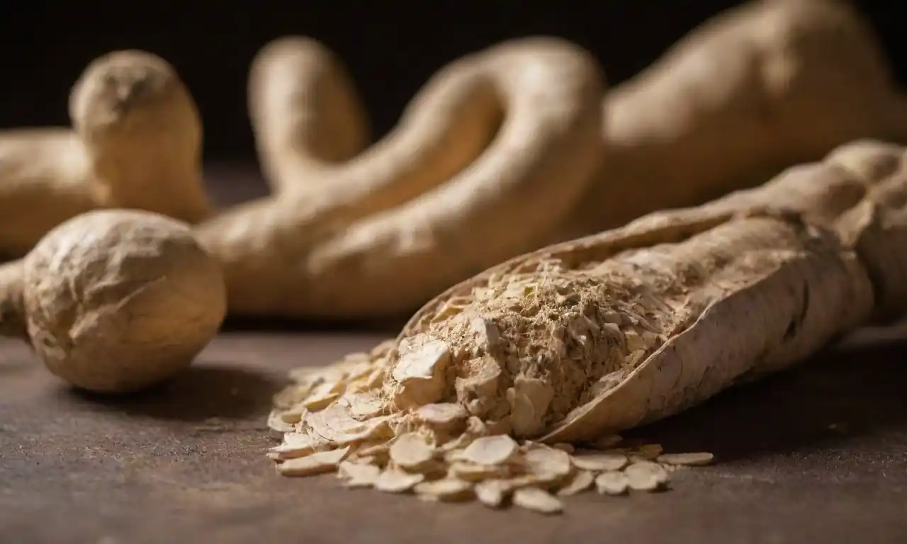Ginseng root con una escala y suplementos de pérdida de peso en el fondo.