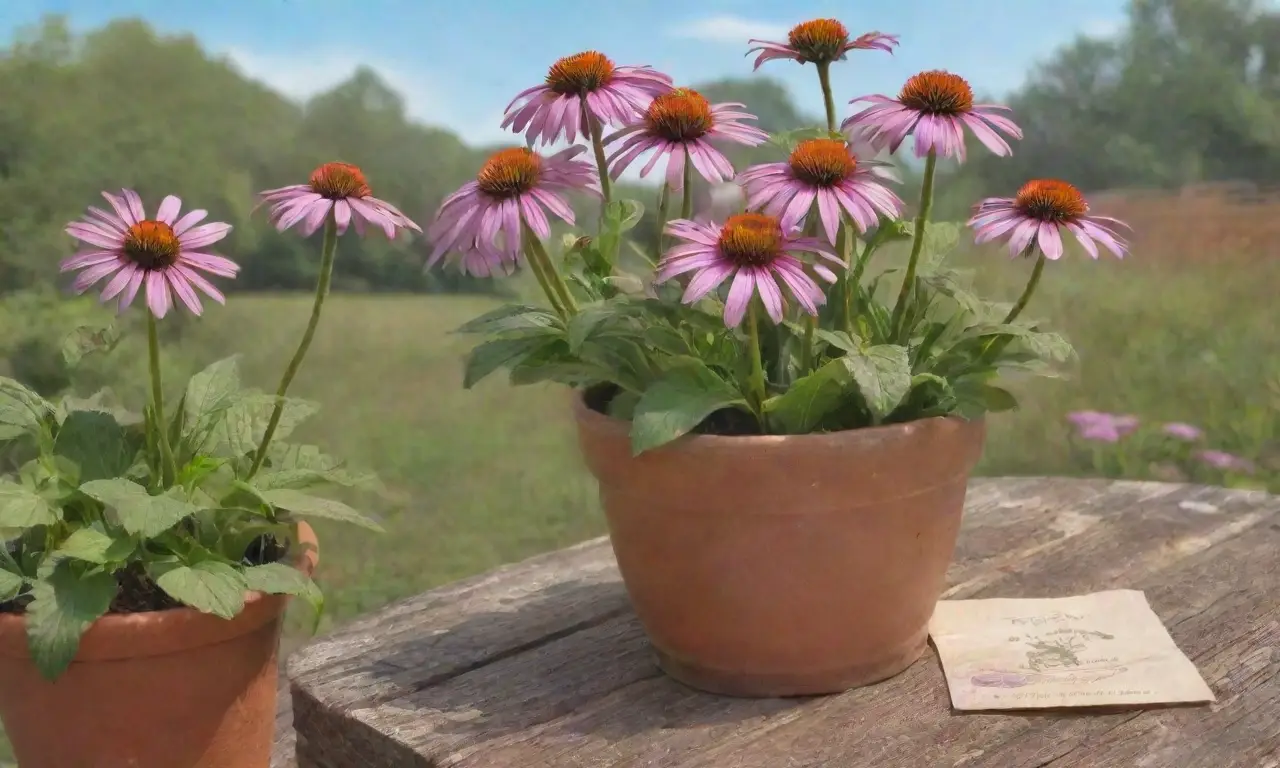Un jardín sereno con flores de equinácea, té humeante y un ambiente de bienestar