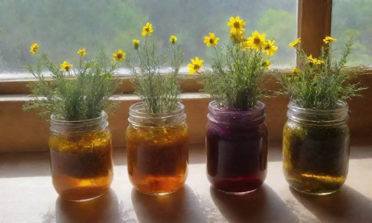 Un ambiente sereno lleno de hierbas vibrantes, frascos de tinturas y aromas invitantes