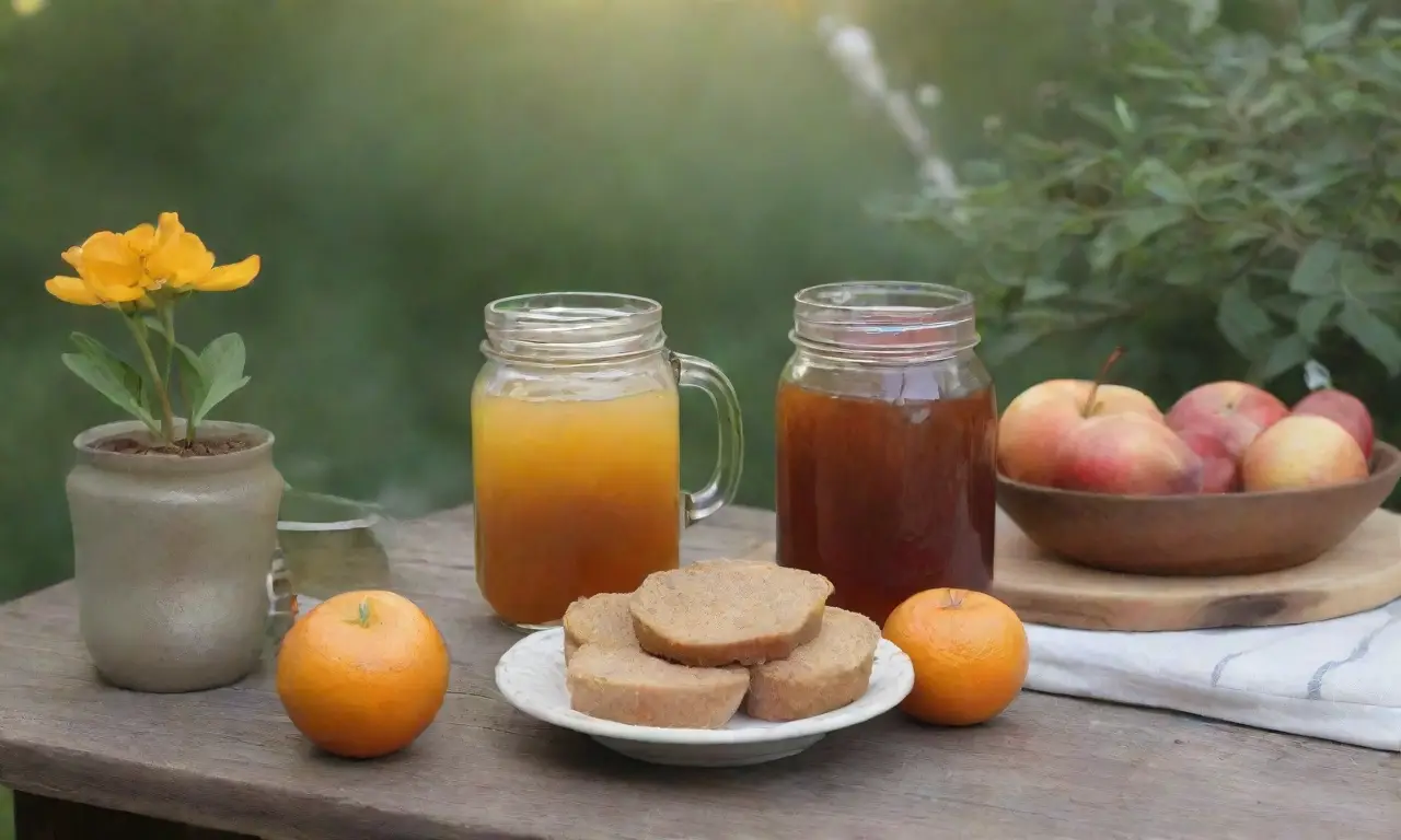 Un acogedor ambiente de cocina con miel, té, frutas y flores