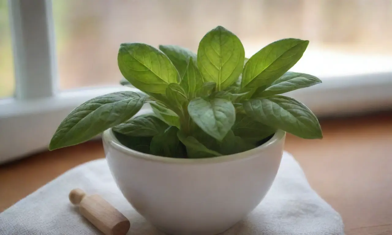 Una hoja de albahaca verde brilla con rocío sobre una mesa de madera