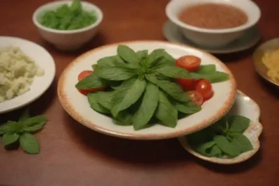 Hojas de menta frescas dispuestas con varios platos internacionales sobre una mesa vibrante.