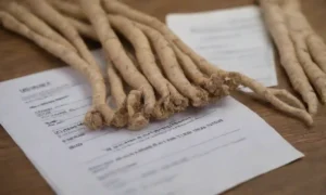 Close-up of ginseng root with legal documents and regulations in the background.