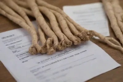 Close-up of ginseng root with legal documents and regulations in the background.