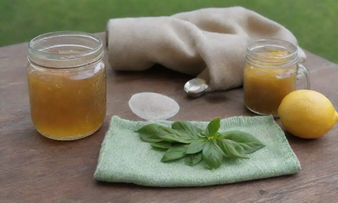 Un ambiente tranquilo con hojas de albahaca, té de hierbas, limón, miel y suaves tonos verdes y amarillos