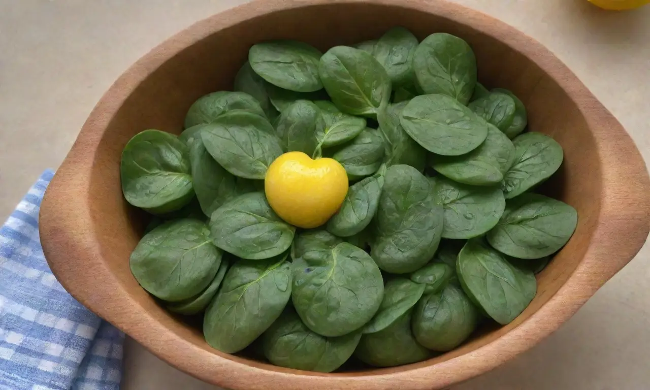 Espinacas frescas en un tazón rústico, rodeadas de ingredientes saludables y un ambiente luminoso, celebran la vitalidad y la salud del corazón