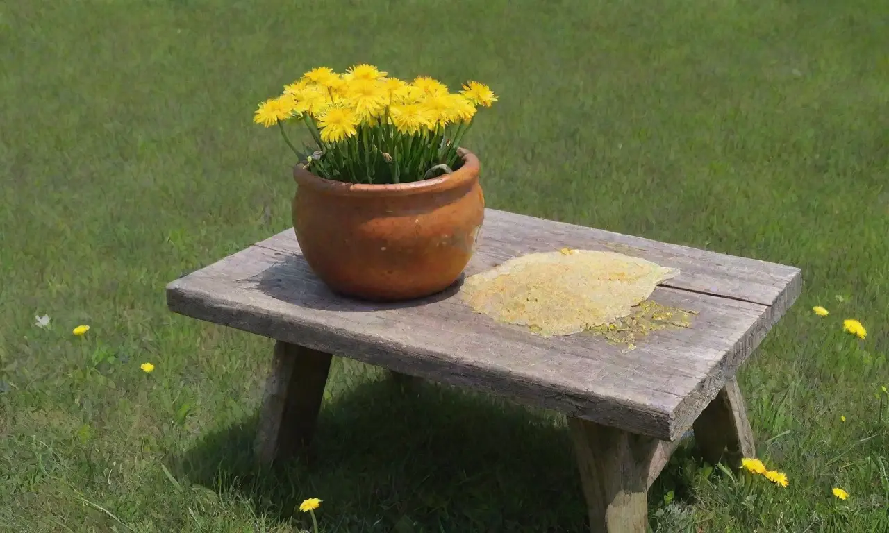 Un jardín sereno con flores de diente de león, aceite, té, y un ambiente curativo