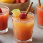 Bebidas de verano coloridas adornadas con palos de canela y fruta fresca.