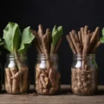 Un colorido surtido de raíces burdock y hierbas exhibidas en frascos