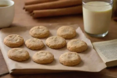 Una bandeja de galletas de canela recién horneadas junto con un libro de recetas e ingredientes.