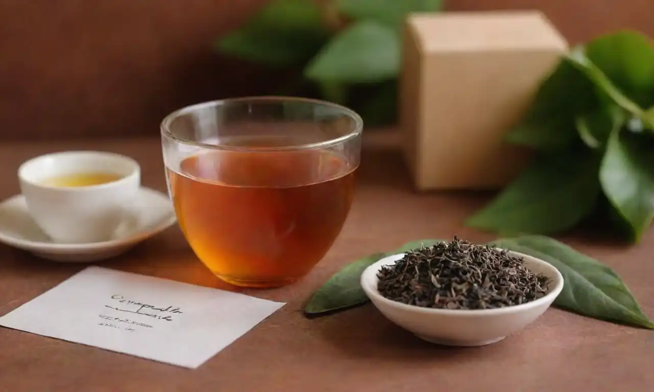 Una taza de té pimpinela junto a hojas de pimpinela frescas y una simple tarjeta de receta.