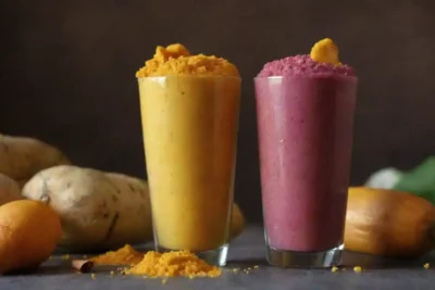 Un batido colorido lleno de ingredientes frescos y una espolvorea de cúrcuma encima.