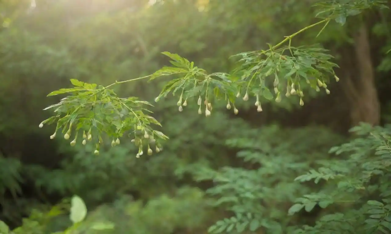 Diferentes variedades de plantas Moringa exhibidas en un entorno de jardín.