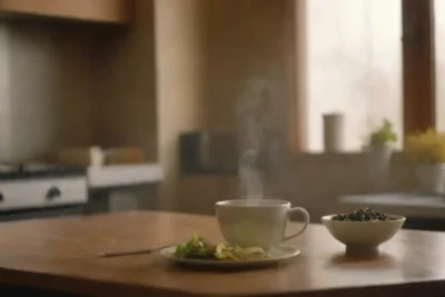 Una persona que prepara té de ginkgo con hojas y una taza de vapor en un acogedor entorno de cocina.