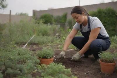 Un jardinero que tiende a las plantas de Pimpinela en un entorno de jardín urbano