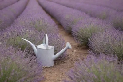 Un campo de lavanda sereno con una lata de riego y guía sobre el cuidado de plantas cerca.