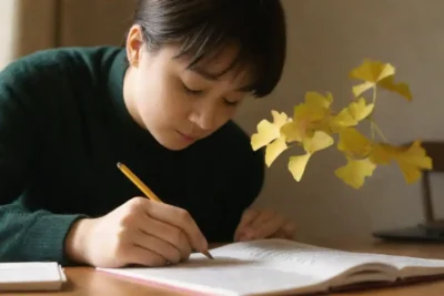 Persona que estudia con hojas Ginkgo Biloba y un gráfico que mejora el enfoque cerca.