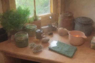 Una acogedora cocina rústica llena de hierbas