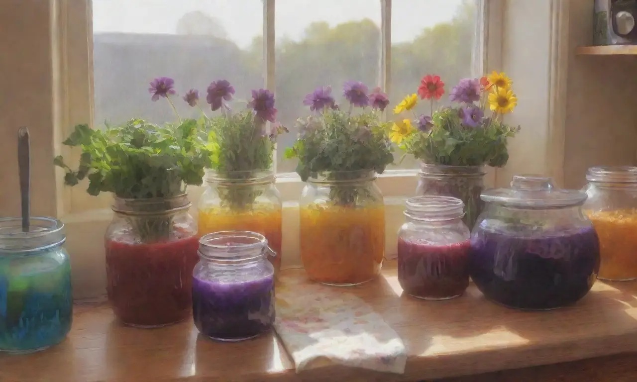 Una cocina vibrante y acogedora llena de luz, hierbas frescas, flores, y aromas creativos