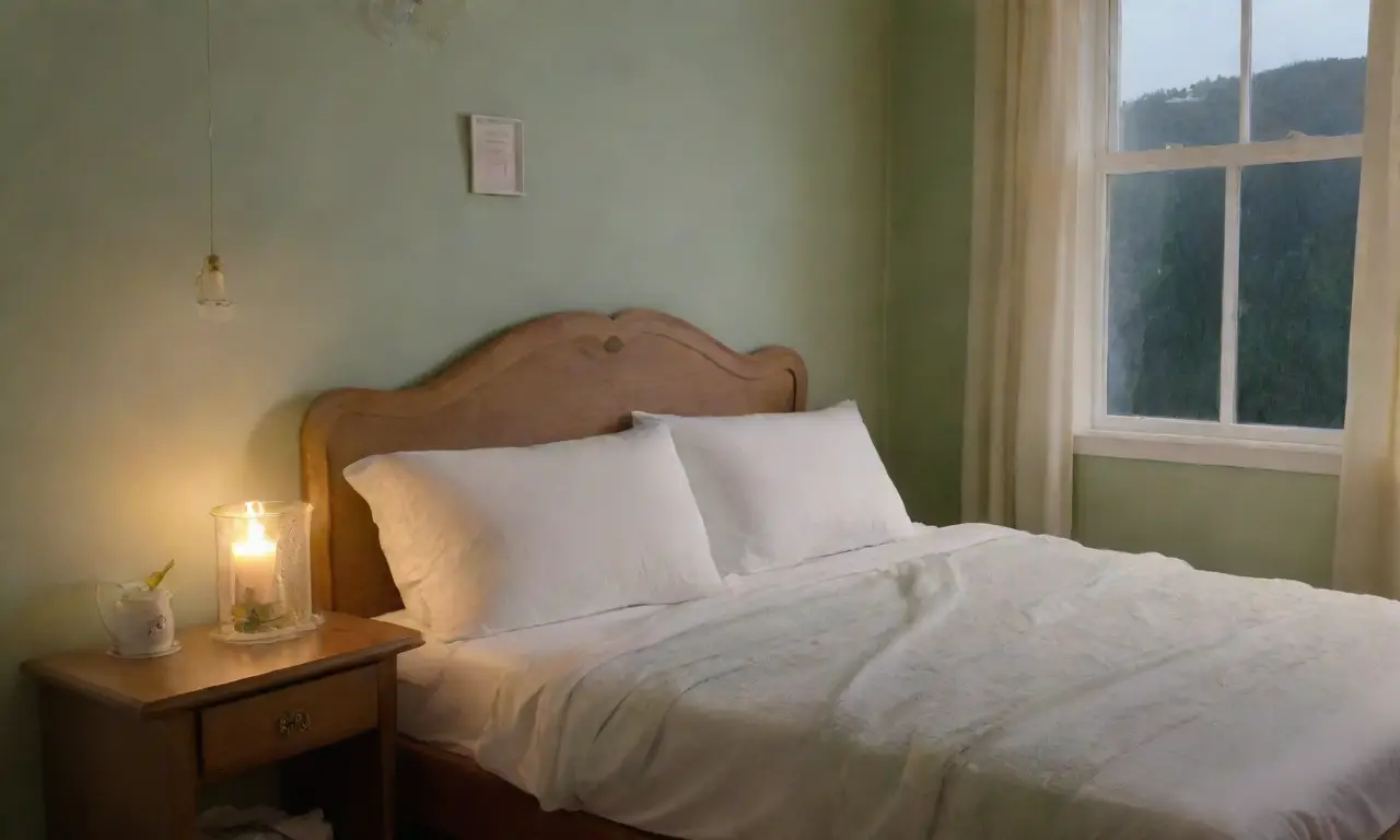 Una escena serena de una habitación acogedora con flores de manzanilla, luz cálida y un ambiente relajante