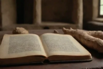 Botas de jengibre exhibidas junto a textos antiguos y artefactos en un entorno histórico.
