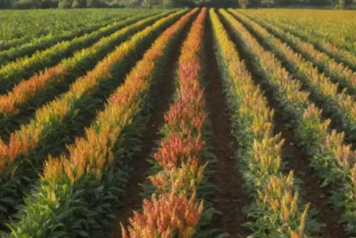 Filas de plantas de jengibre rodeadas de cultivos acompañantes como la cúrcuma y el ajo.