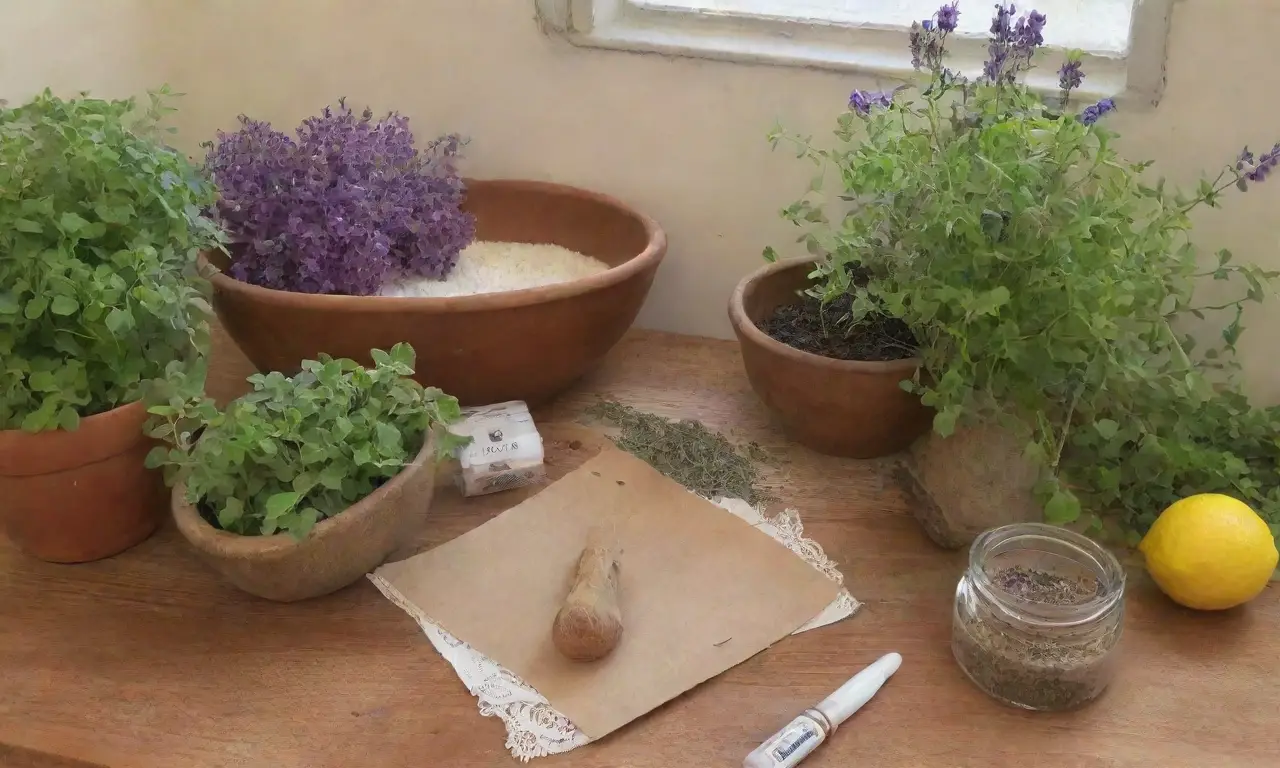 Un campo verde vibrante con orégano, flores moradas, una mesa rústica y un ambiente acogedor de cocina mediterránea