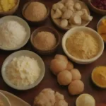Una pantalla colorida de platos tradicionales con jengibre como ingrediente clave.