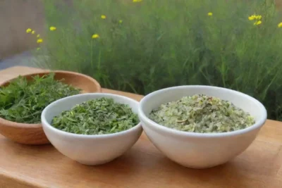 Un campo verde de hinojo y una cocina acogedora con ingredientes frescos y saludables